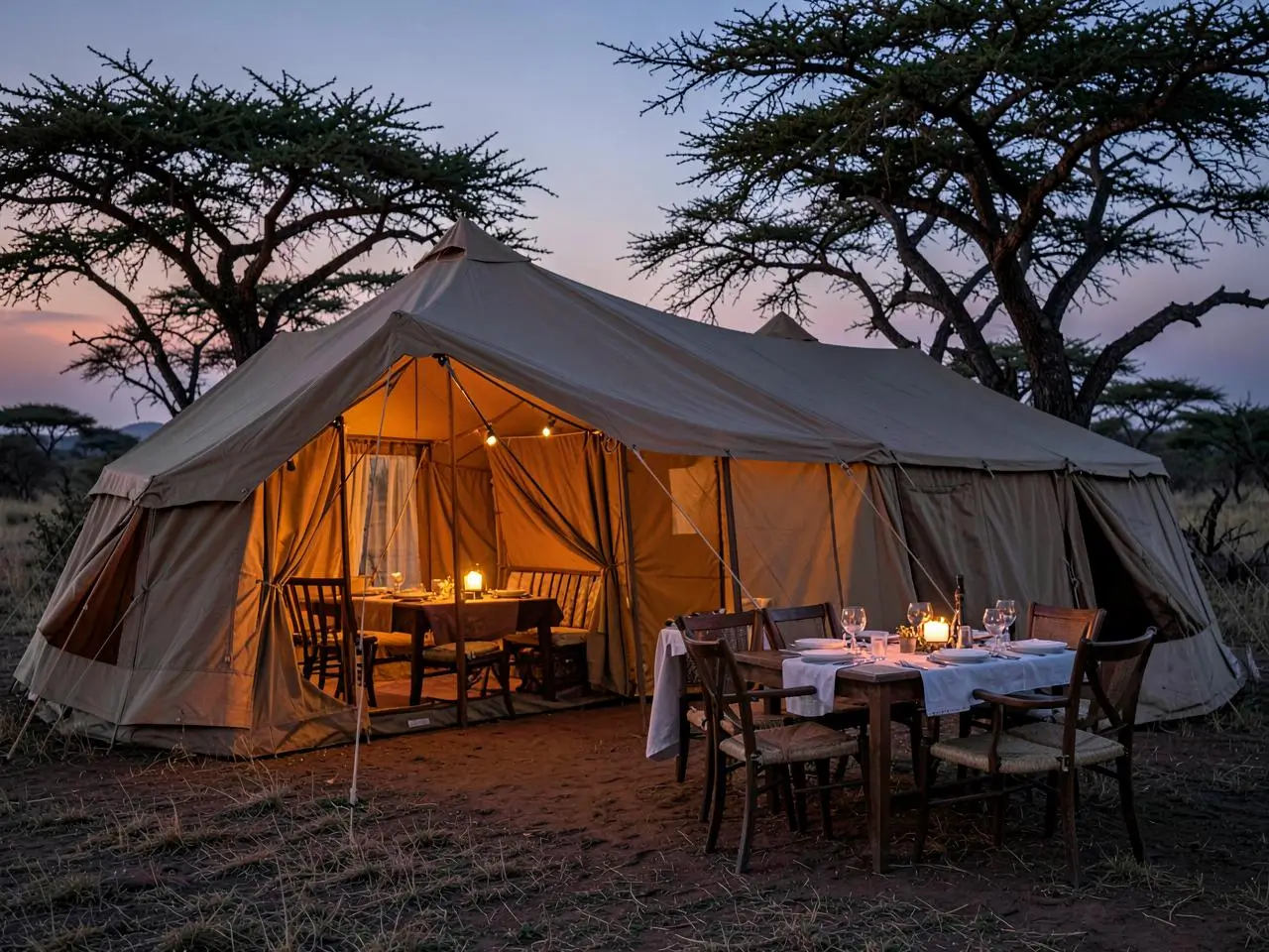 Serengeti savannah at sunset with acacia tree and grazing wildlife, Tanzania safari.